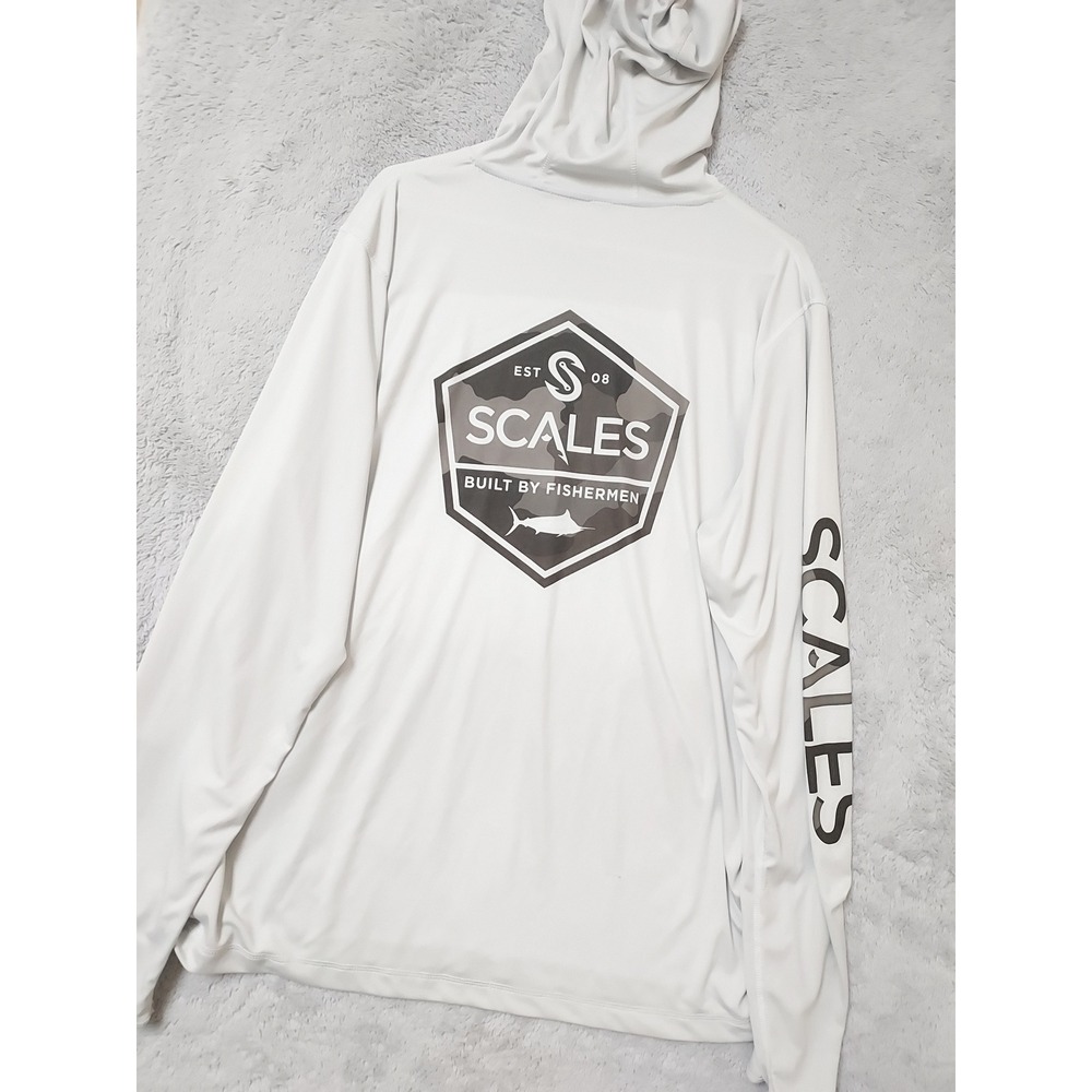 Scales Hoodie Shirt Mens XL Performance Fishing Graphic Pullover Light Gray Boat